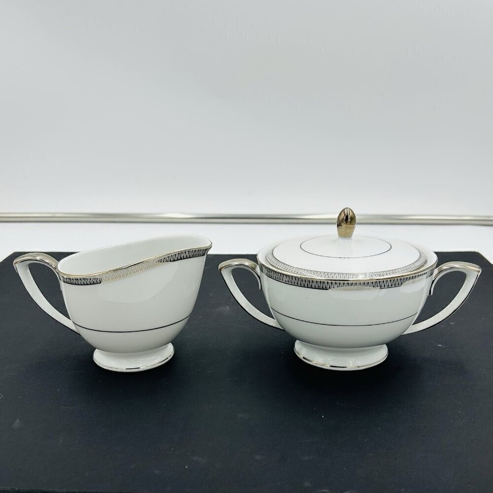 Mikasa Barclay 8258 Cream Sugar Dishes with Lid Platinum Trim Vintage